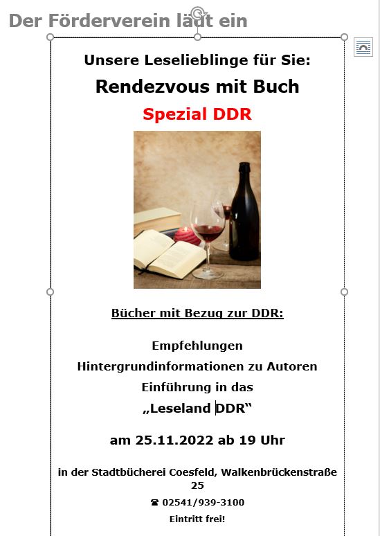 Einladung des Fördervereins zum Rendezvous mit Buch. ©Stadtbücherei Coesfeld